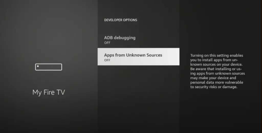 Fire TV settings showing My Fire TV and Developer Options menu
